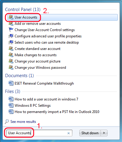 Windows 7 Start, Search Box, User Accounts